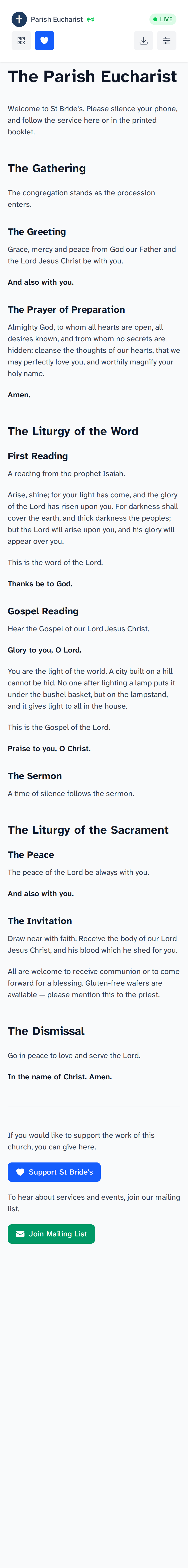 The order of service as a guest reads it on their phone