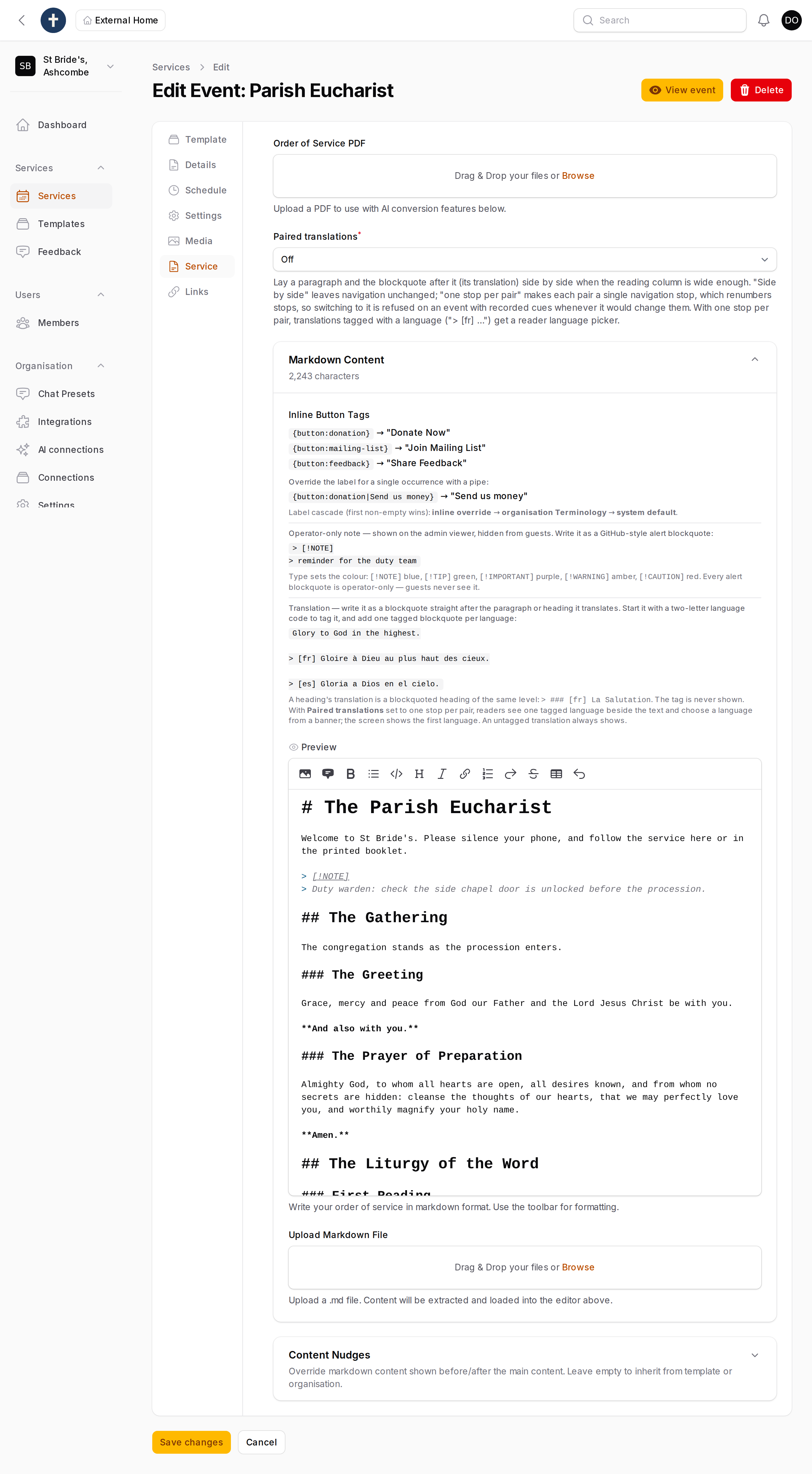 The order-of-service editor — markdown in, live preview out