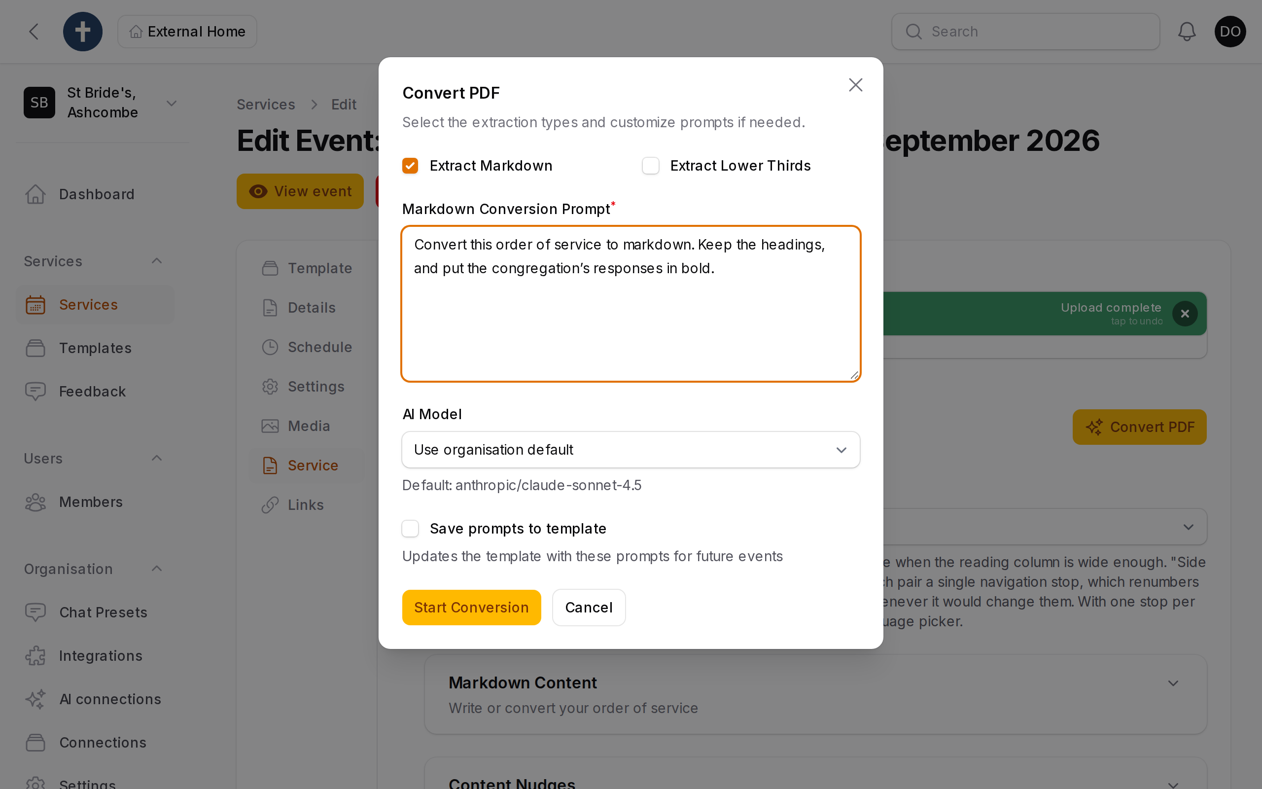 One click turns it into an order of service people can read on a phone