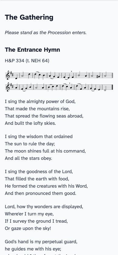 A phone showing the Choral Eucharist at Southwark Cathedral: The Gathering, the entrance hymn with its music, in large dark text on a light background.