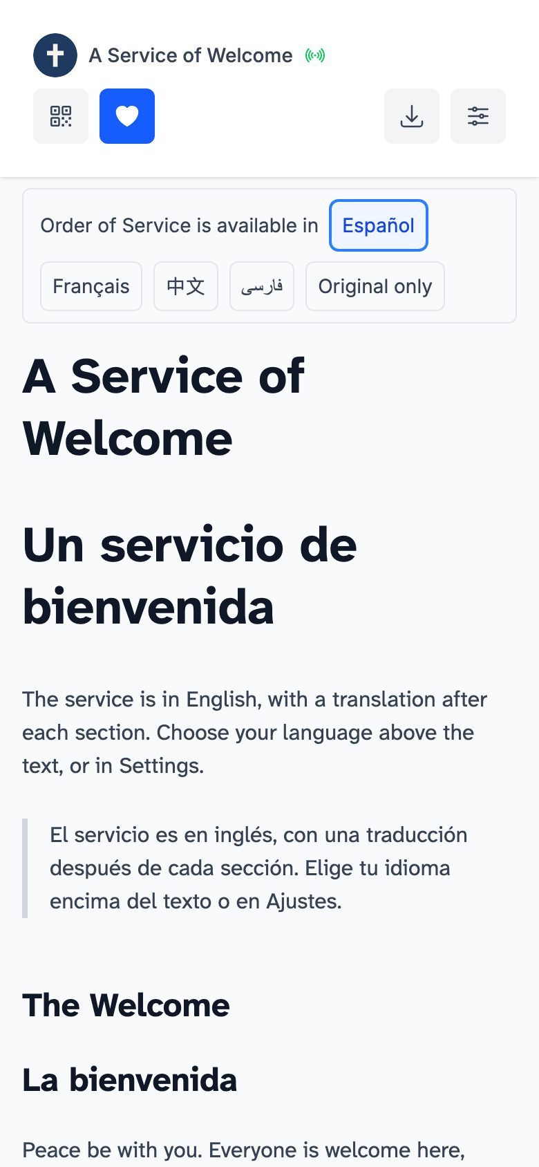 A Service of Welcome on a phone, with Español selected. Each English heading and paragraph is followed by its Spanish translation.