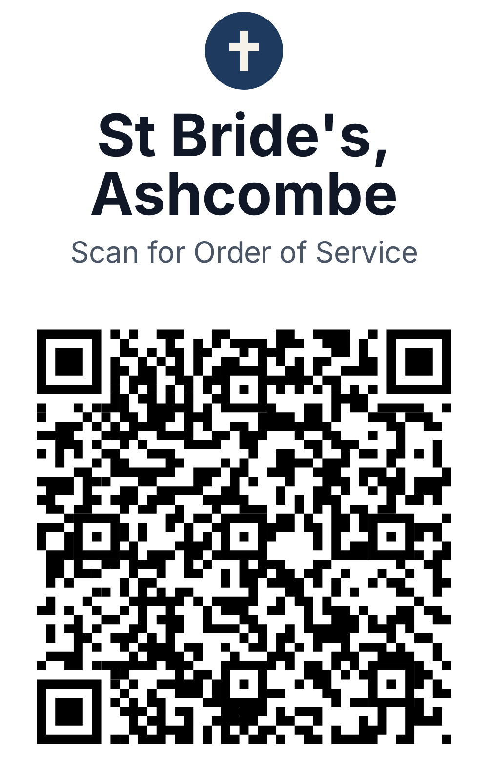 A printable poster: a church's name, the words Scan for Order of Service, and a QR code.