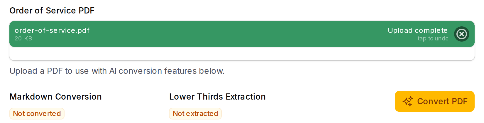 The service page in the admin area: order-of-service.pdf has uploaded, with a Convert PDF button beside it.