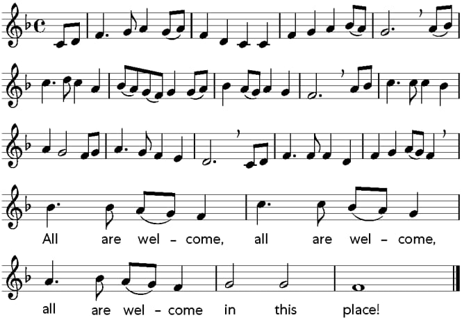 Music notation for the refrain: All are welcome